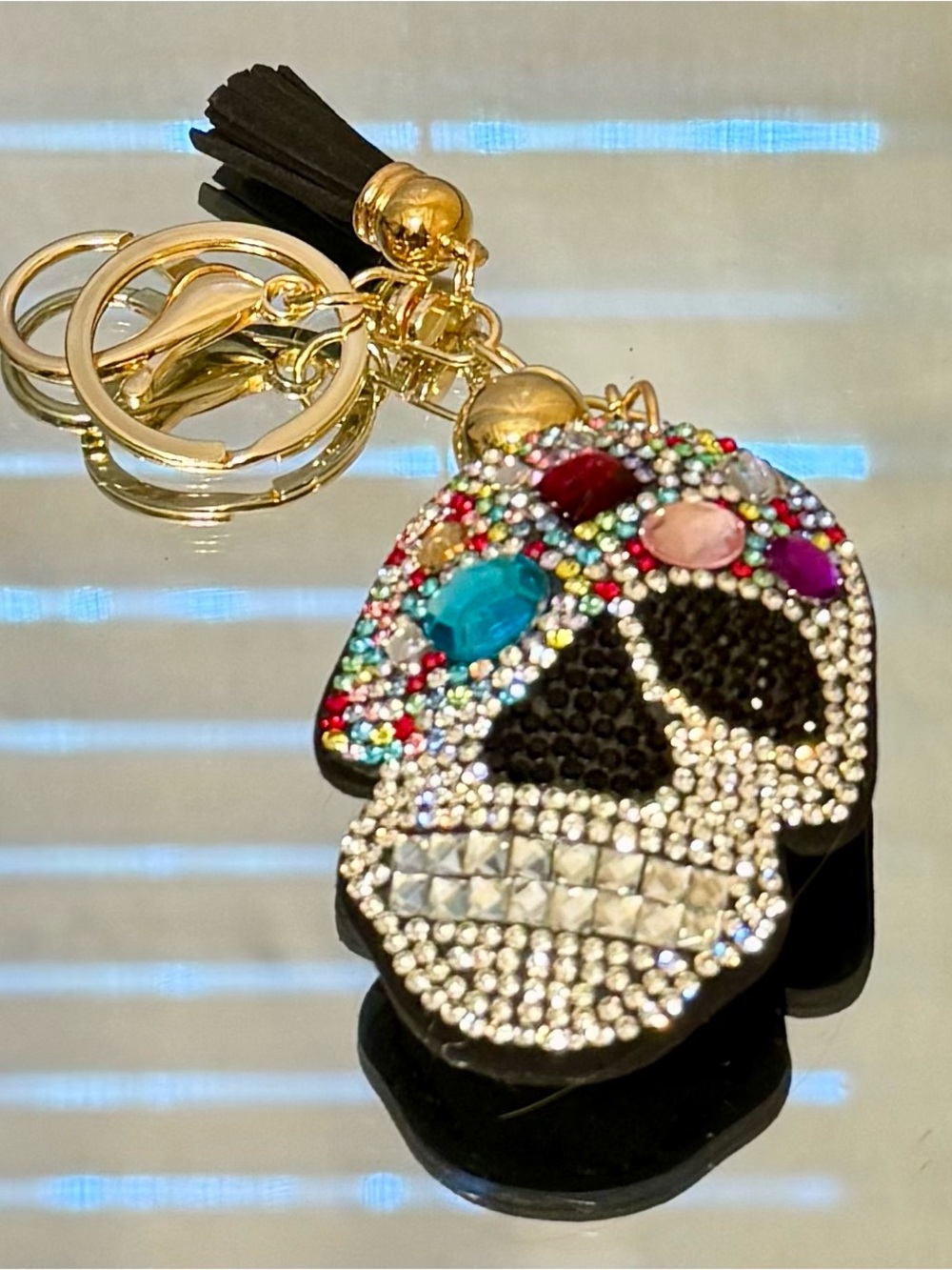 New Multi Color Beaded Crystal Skull Gem Keychain with Gold Hardware